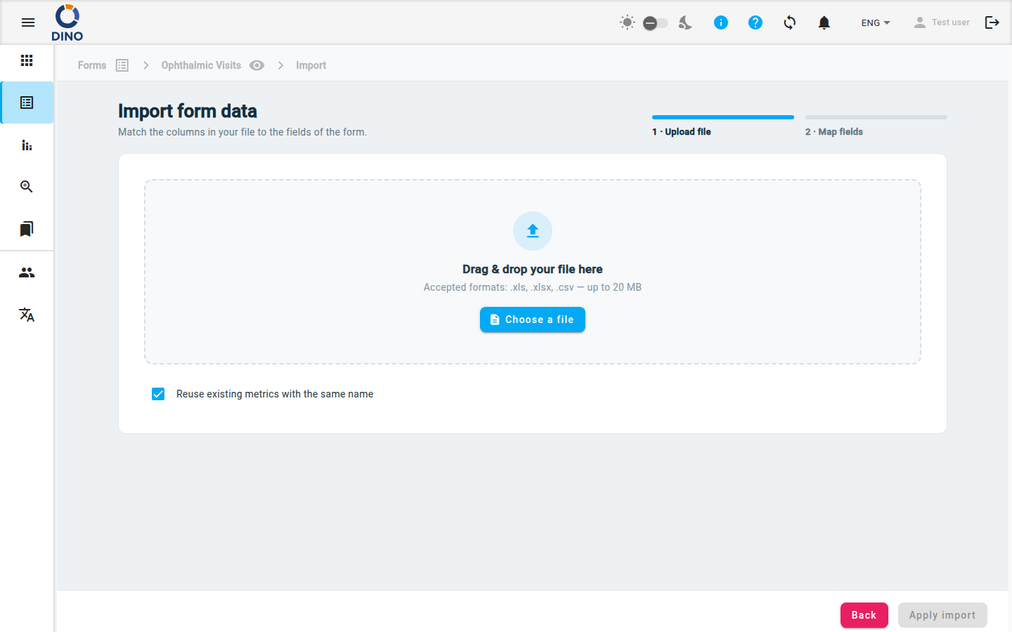Main view of the Import Data page