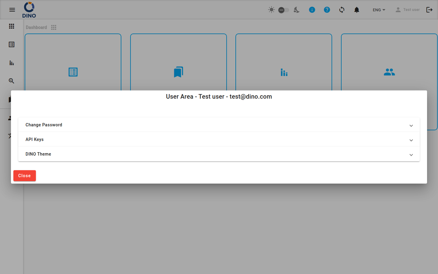 User area dialog open